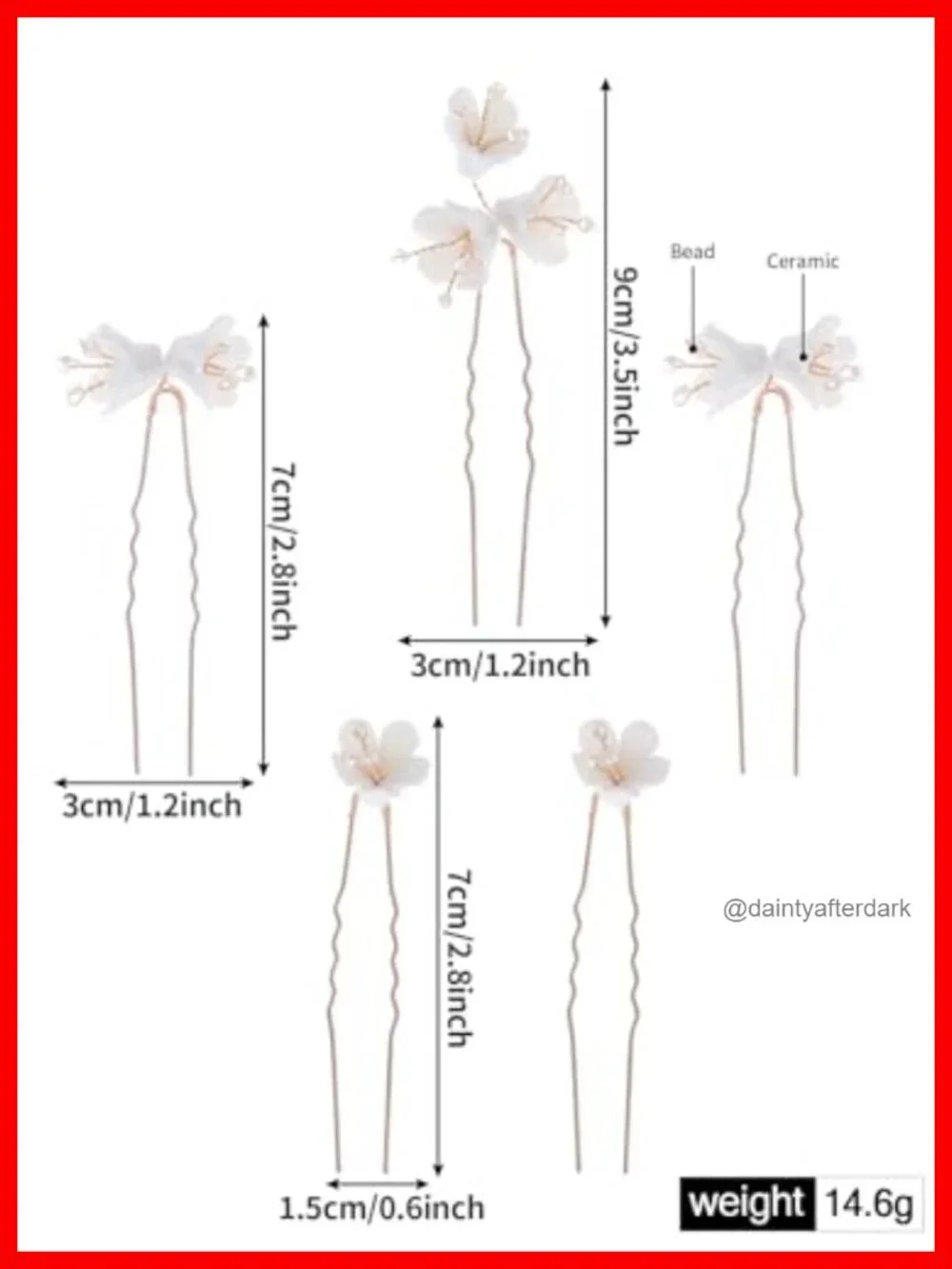 Handmade Pearl Bridal Hair Pins, White Ceramic Flowers, Gold Leaf, 6pcs